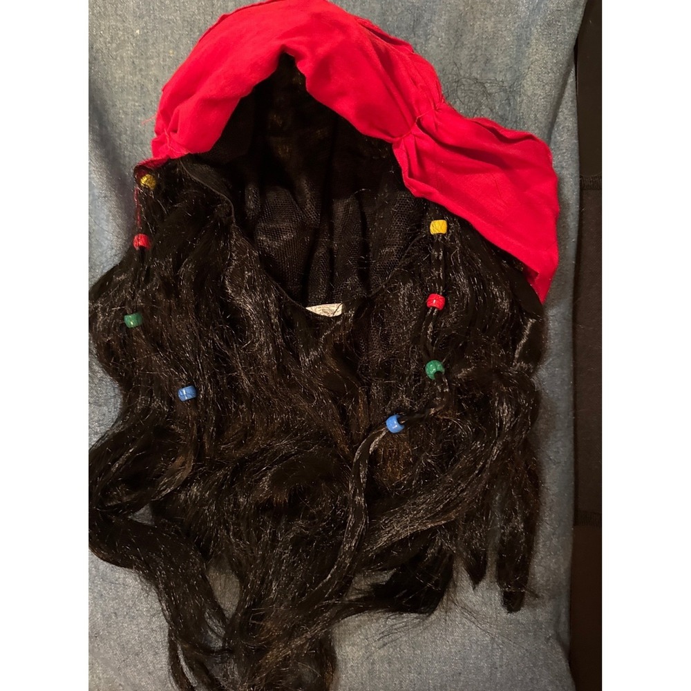 Pirate Wig Wavy Black Hair Beaded Bandana Cosplay Adult Halloween Costume NWOT - Picture 3 of 10